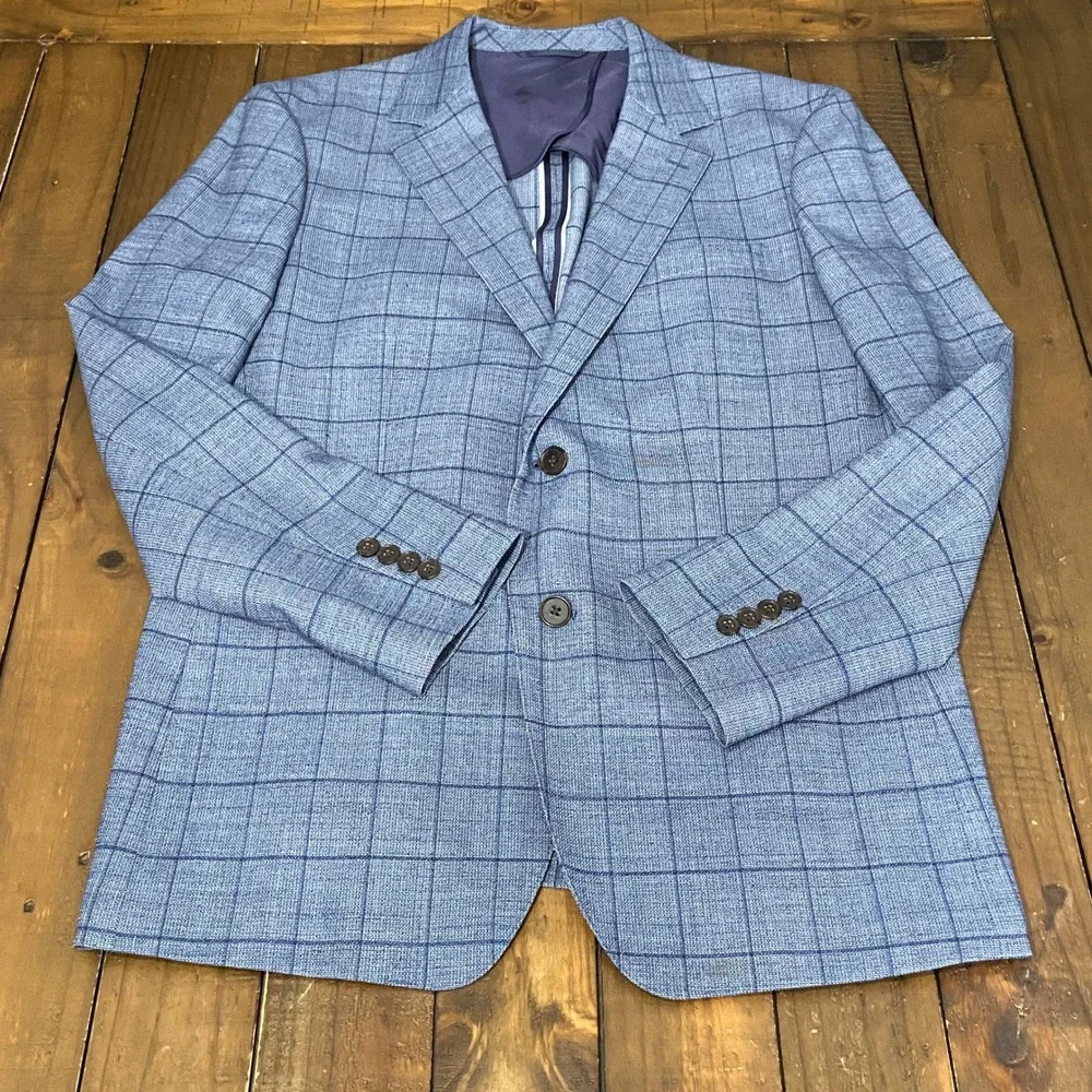 Bonobos Jetsetter Slim Fit 42R Blue Windowpane Plaid Stretch Wool Blazer